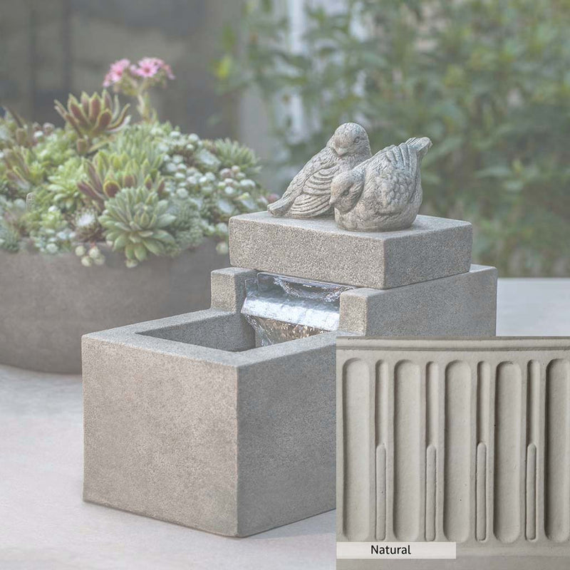 Natural Patina for the Campania International Mini Element Bird Fountain is unstained cast stone the brightest and whitest that ages over time.