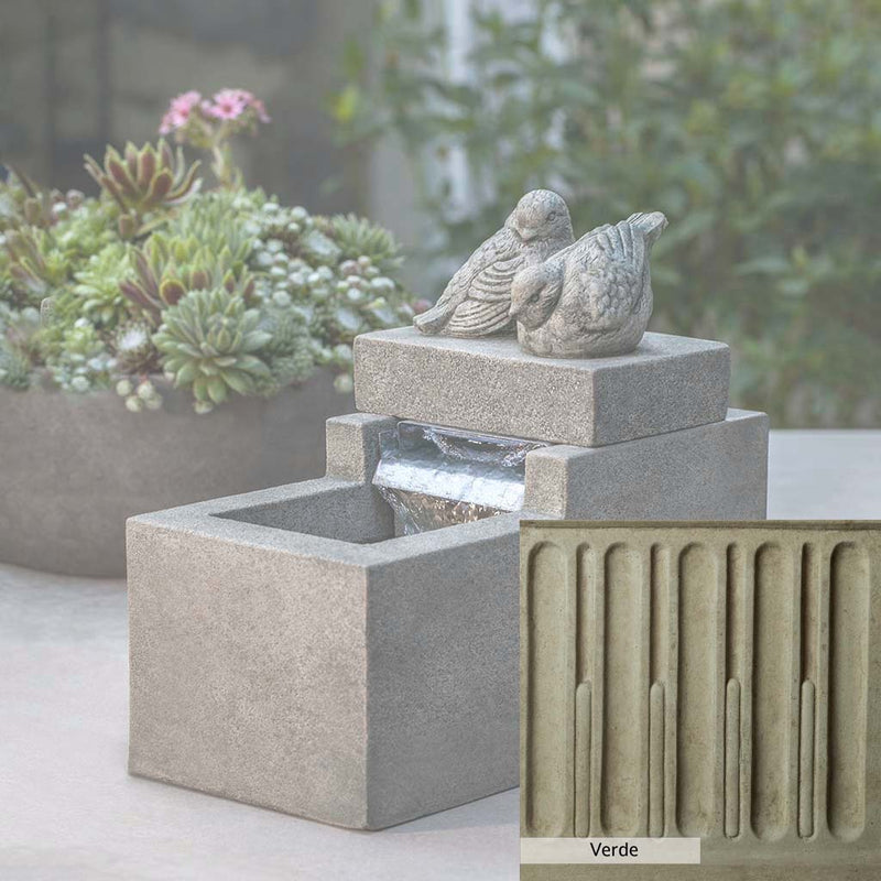 Verde Patina for the Campania International Mini Element Bird Fountain, green and gray come together in a soft tone blended into a soft green.