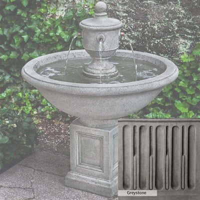 Greystone Patina for the Campania International Rochefort Fountain, a classic gray, soft, and muted, blends nicely in the garden.