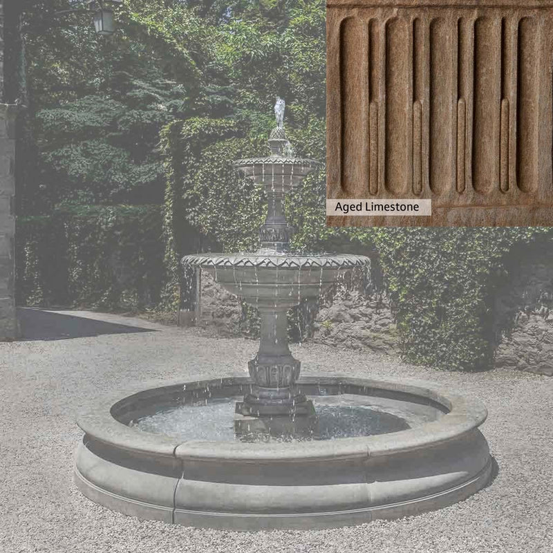 Aged Limestone Patina for the Campania International Charleston Garden Fountain in Basin, brown, orange, and green for an old stone look.