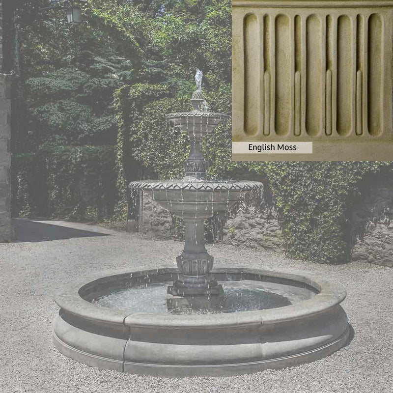 English Moss Patina for the Campania International Charleston Garden Fountain in Basin, green blended into a soft pallet with a light undertone of gray.