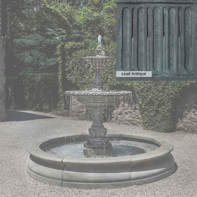 Lead Antique Patina for the Campania International Charleston Garden Fountain in Basin, deep blues and greens blended with grays for an old-world garden.