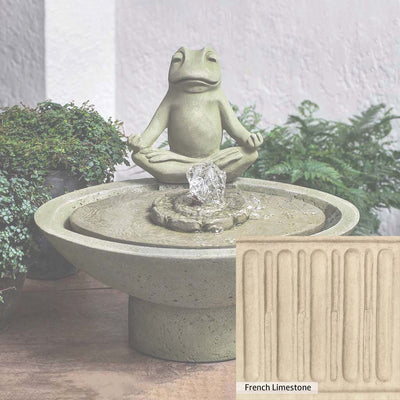French Limestone Patina for the Campania International Garden Terrace Meditation Fountain, old-world creamy white with ivory undertones.