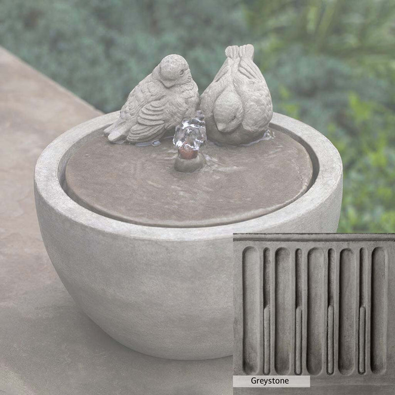 Greystone Patina for the Campania International M-Series Bird Fountain, a classic gray, soft, and muted, blends nicely in the garden.