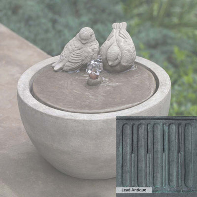 Lead Antique Patina for the Campania International M-Series Bird Fountain, deep blues and greens blended with grays for an old-world garden.