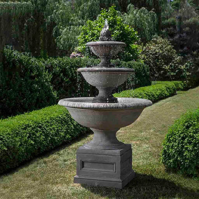 Campania International Monteros Fountain, adding interest to the garden with the sound of water. This fountain is shown in the Aged Limestone Patina.