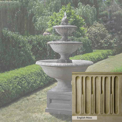 English Moss Patina for the Campania International Monteros Fountain, green blended into a soft pallet with a light undertone of gray.