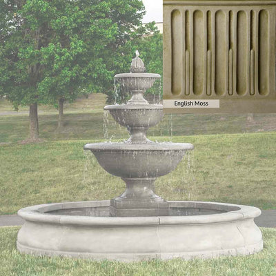 English Moss Patina for the Campania International Monteros Fountain in Basin, green blended into a soft pallet with a light undertone of gray.