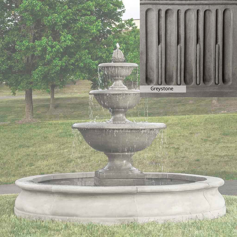 Greystone Patina for the Campania International Monteros Fountain in Basin, a classic gray, soft, and muted, blends nicely in the garden.