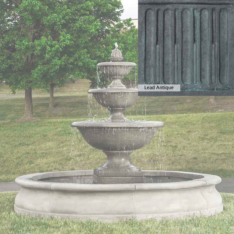 Lead Antique Patina for the Campania International Monteros Fountain in Basin, deep blues and greens blended with grays for an old-world garden.