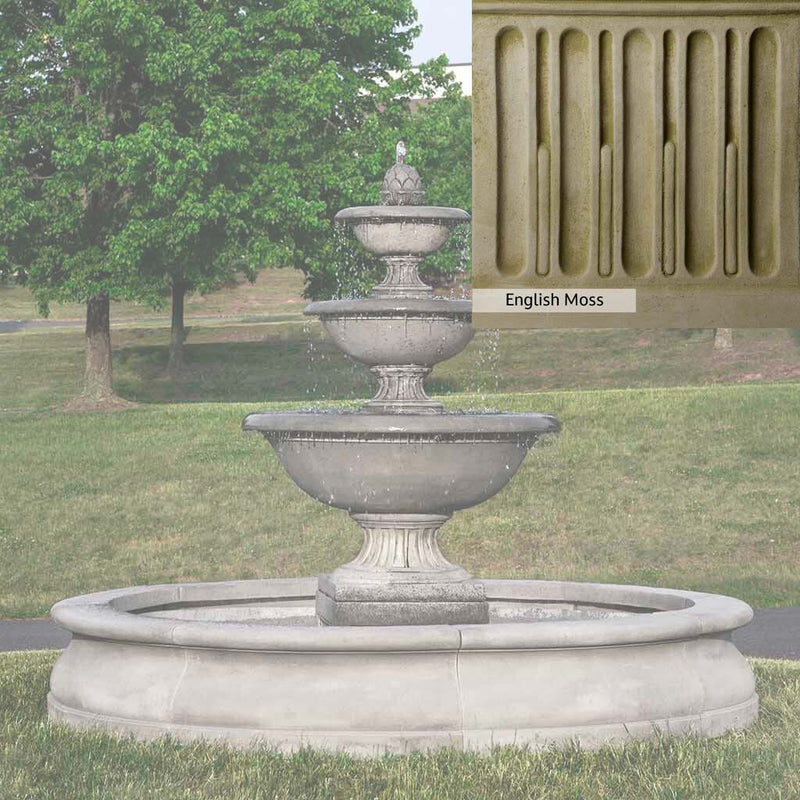 English Moss Patina for the Campania International Fonthill Fountain in Basin, green blended into a soft pallet with a light undertone of gray.
