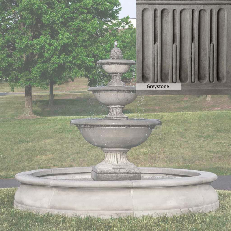 Greystone Patina for the Campania International Fonthill Fountain in Basin, a classic gray, soft, and muted, blends nicely in the garden.
