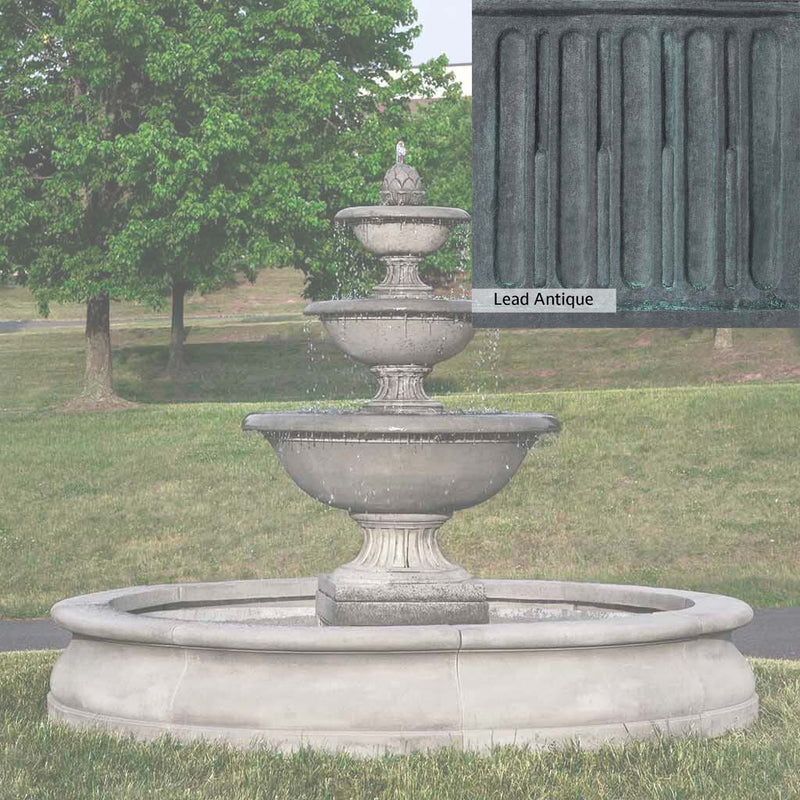 Lead Antique Patina for the Campania International Fonthill Fountain in Basin, deep blues and greens blended with grays for an old-world garden.