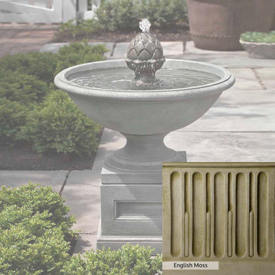 English Moss Patina for the Campania International Williamsburg Chiswell Fountain, green blended into a soft pallet with a light undertone of gray.