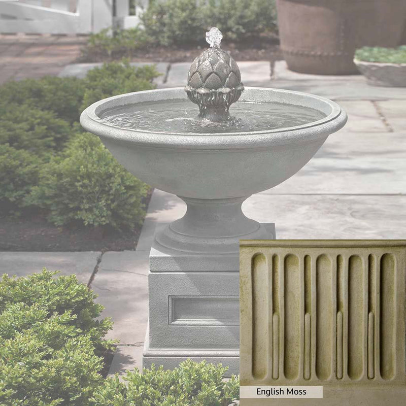 English Moss Patina for the Campania International Williamsburg Chiswell Fountain, green blended into a soft pallet with a light undertone of gray.