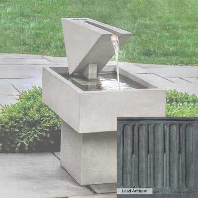 Lead Antique Patina for the Campania International Triad Fountain, deep blues and greens blended with grays for an old-world garden.