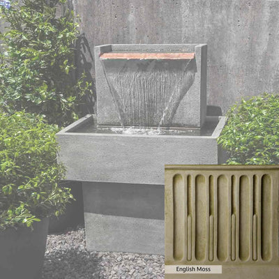 English Moss Patina for the Campania International Falling Water Fountain I, green blended into a soft pallet with a light undertone of gray.