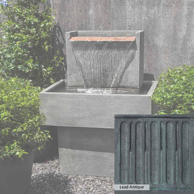 Lead Antique Patina for the Campania International Falling Water Fountain I, deep blues and greens blended with grays for an old-world garden.