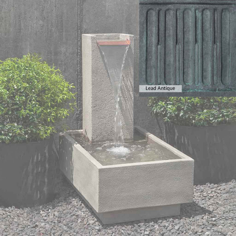 Lead Antique Patina for the Campania International Falling Water Fountain IV, deep blues and greens blended with grays for an old-world garden.