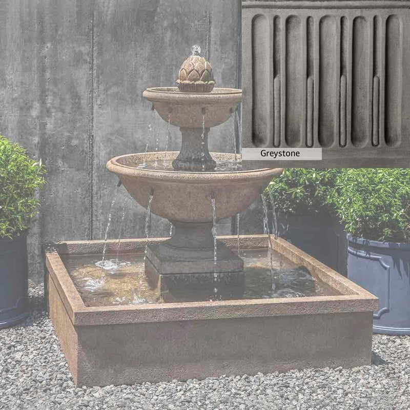 Greystone Patina for the Campania International La Mirande Fountain, a classic gray, soft, and muted, blends nicely in the garden.