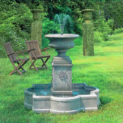 Campania International Palazzo Urn Fountain is made of cast stone by Campania International and shown in the Greystone Patina