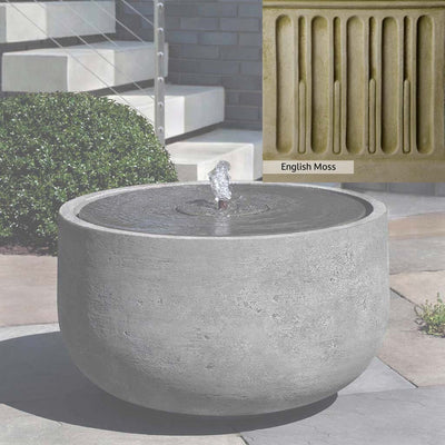 English Moss Patina for the Campania International Echo Park Fountain, green blended into a soft pallet with a light undertone of gray.