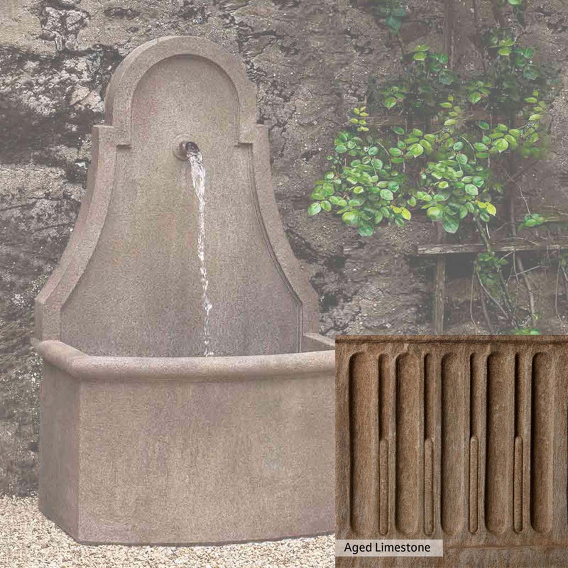 Aged Limestone Patina for the Campania International Closerie Wall Fountain, brown, orange, and green for an old stone look.
