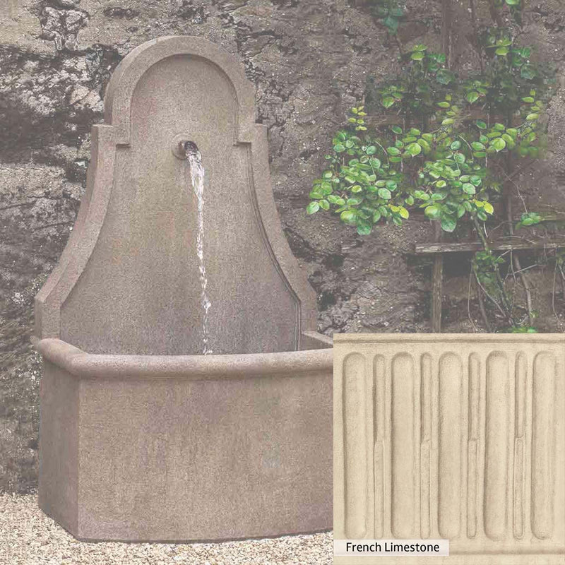 French Limestone Patina for the Campania International Closerie Wall Fountain, old-world creamy white with ivory undertones.