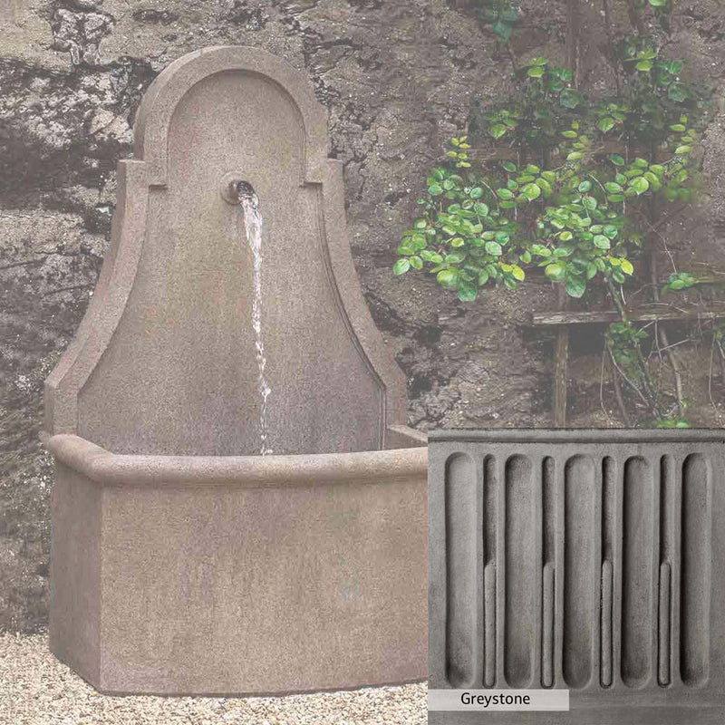 Greystone Patina for the Campania International Closerie Wall Fountain, a classic gray, soft, and muted, blends nicely in the garden.