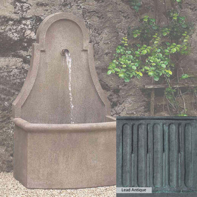 Lead Antique Patina for the Campania International Closerie Wall Fountain, deep blues and greens blended with grays for an old-world garden.