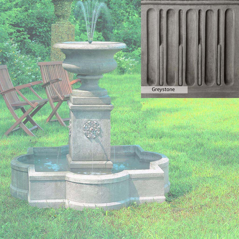 Greystone Patina for the Campania International Palazzo Urn Fountain, a classic gray, soft, and muted, blends nicely in the garden.