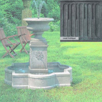 Lead Antique Patina for the Campania International Palazzo Urn Fountain, deep blues and greens blended with grays for an old-world garden.