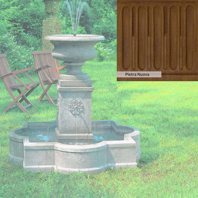 Pietra Nuova Patina for the Campania International Palazzo Urn Fountain, a rich brown blended with black and orange.