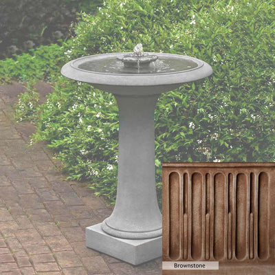Brownstone Patina for the Campania International Camellia Birdbath Fountain, brown blended with hints of red and yellow, works well in the garden.