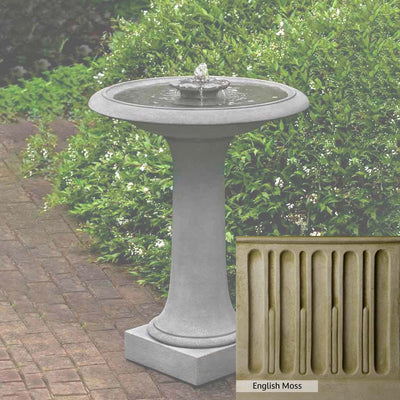 English Moss Patina for the Campania International Camellia Birdbath Fountain, green blended into a soft pallet with a light undertone of gray.