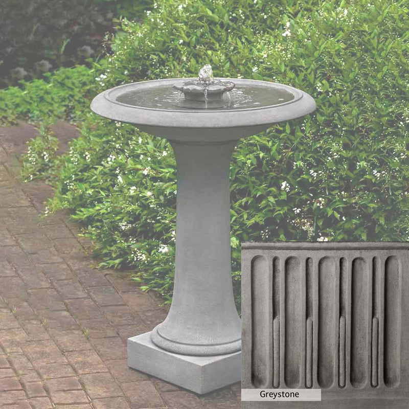 Greystone Patina for the Campania International Camellia Birdbath Fountain, a classic gray, soft, and muted, blends nicely in the garden.