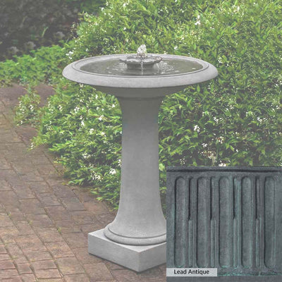 Lead Antique Patina for the Campania International Camellia Birdbath Fountain, deep blues and greens blended with grays for an old-world garden.