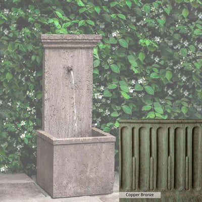 Copper Bronze Patina for the Campania International Marais Wall Fountain, blues and greens blended into the look of aged copper.