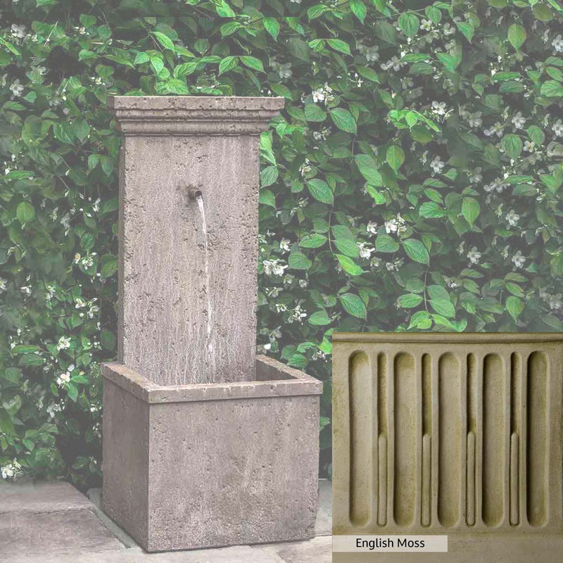 English Moss Patina for the Campania International Marais Wall Fountain, green blended into a soft pallet with a light undertone of gray.