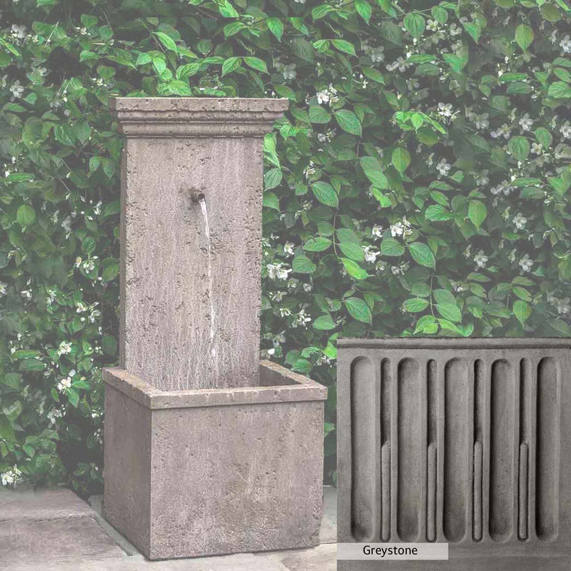 Greystone Patina for the Campania International Marais Wall Fountain, a classic gray, soft, and muted, blends nicely in the garden.