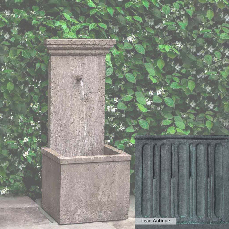 Lead Antique Patina for the Campania International Marais Wall Fountain, deep blues and greens blended with grays for an old-world garden.