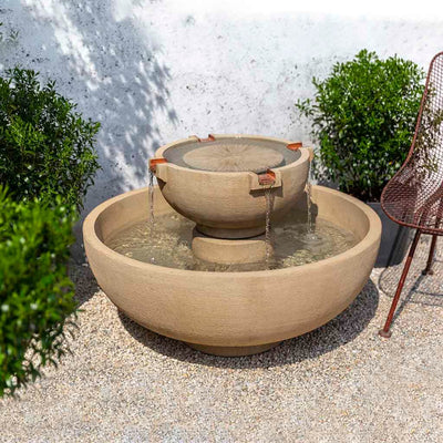 Campania International Small Del Rey Fountain is made of cast stone by Campania International and shown in the French Limestone Patina