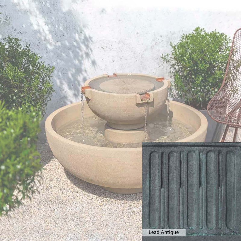 Lead Antique Patina for the Campania International Small Del Rey Fountain, deep blues and greens blended with grays for an old-world garden.