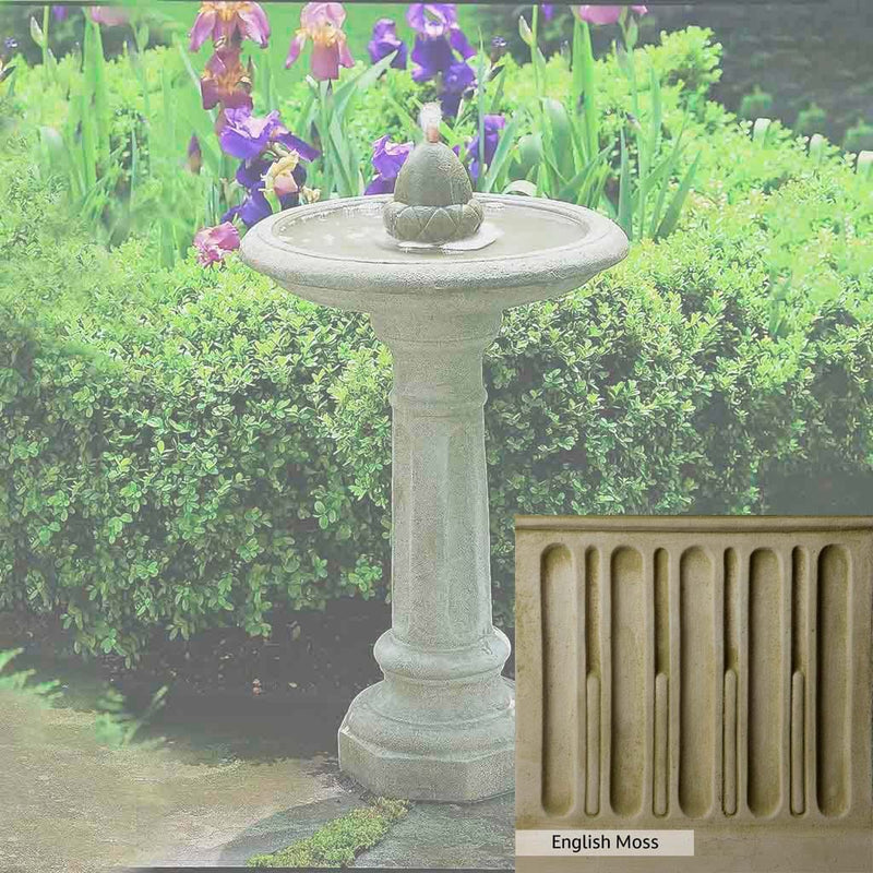 English Moss Patina for the Campania International Acorn Fountain, green blended into a soft pallet with a light undertone of gray.