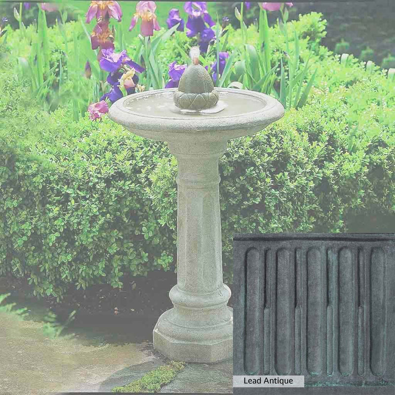 Lead Antique Patina for the Campania International Acorn Fountain, deep blues and greens blended with grays for an old-world garden.