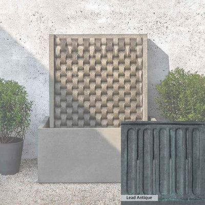 Lead Antique Patina for the Campania International Large M Weave Fountain, deep blues and greens blended with grays for an old-world garden.