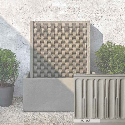 Natural Patina for the Campania International Large M Weave Fountain is unstained cast stone the brightest and whitest that ages over time.