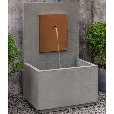 Campania International MC2 Fountain with Corten Steel Face, adding interest to the garden with the sound of water. This fountain is shown in the Alpine Stone Patina.