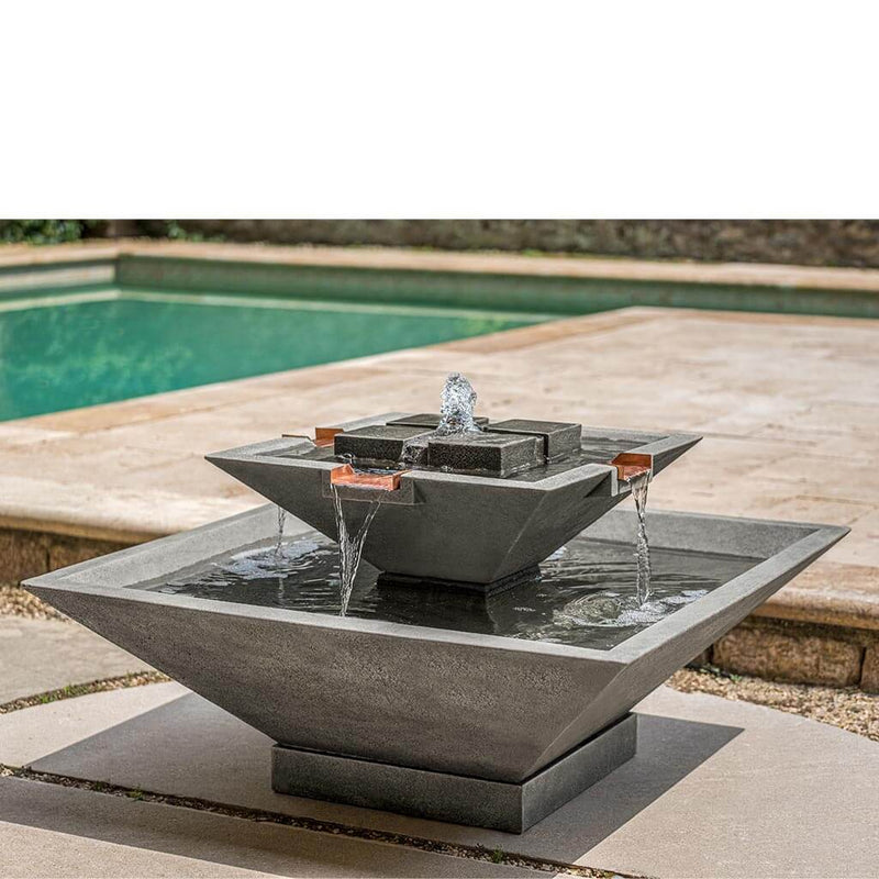 Campania International Facet Fountain featured in the Greystone Patina. This unique Patio Fountain has is own personality and expression along with a lovely bubbling sound.