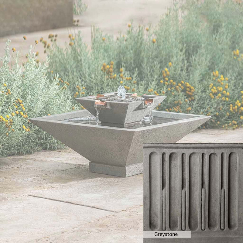 Greystone Patina for the Campania International Facet Small Fountain, a classic gray, soft, and muted, blends nicely in the garden.